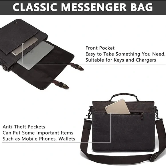 Kasqo Messenger Mens Vintage Waxed Canvas Water-Resistant Laptop Briefcase Bag - Picture 5 of 7